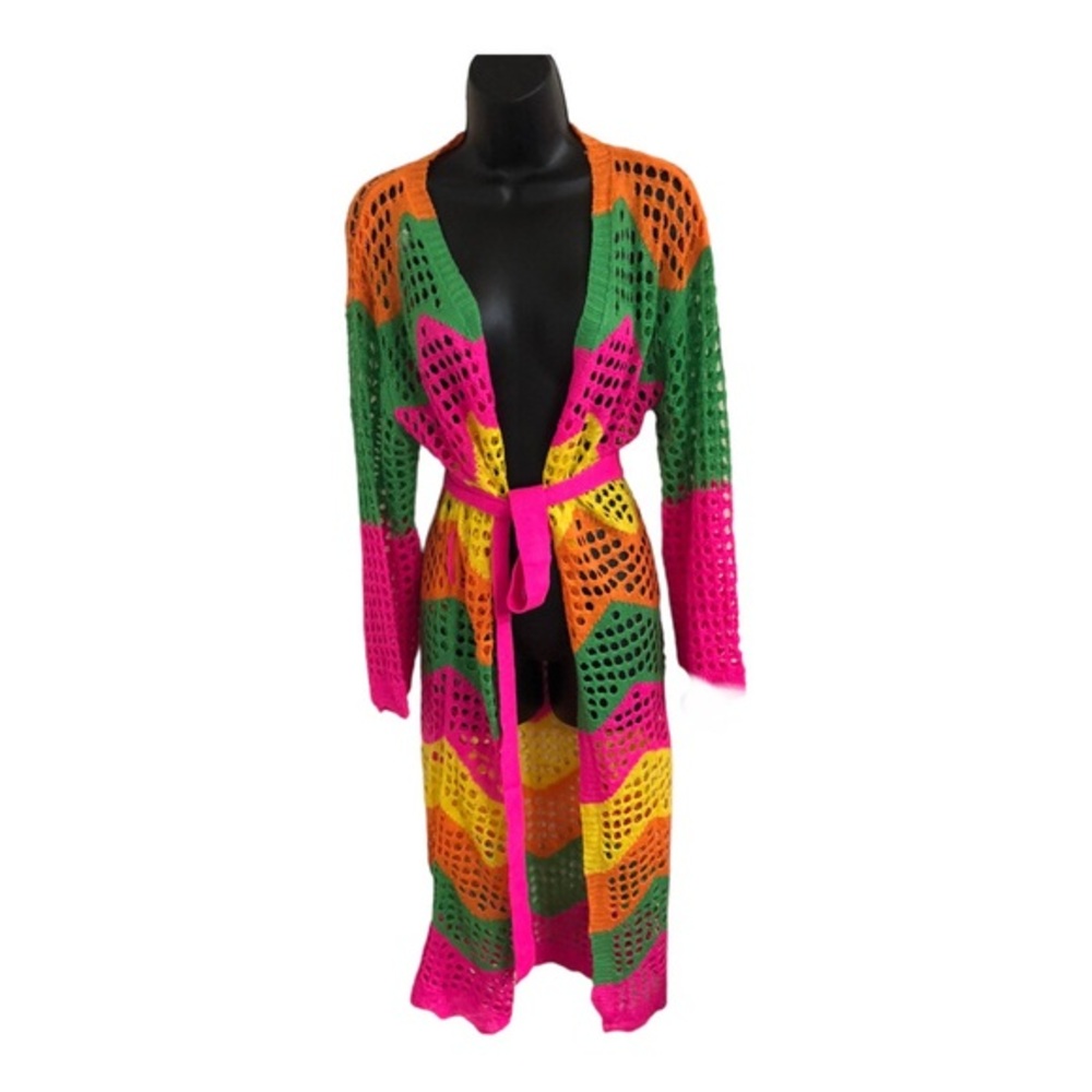 Multicolor rainbow crochet belted long sleeve coverup cardigan top duster size L